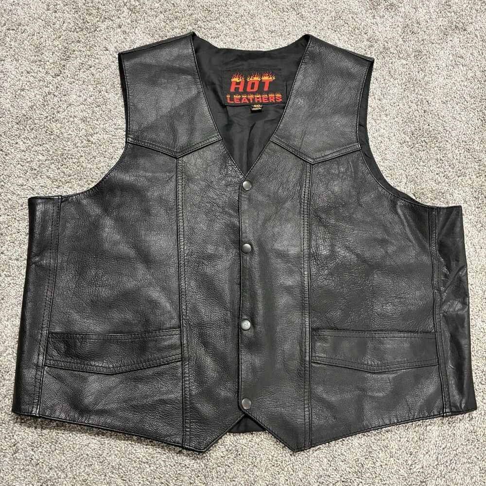 Hot Leathers Motorcycle Riding Vest Men’s Size 4XL Black Snap Leather w/ Pockets